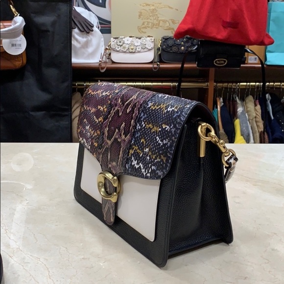 COACH 1941 TABBY LARGE EXOTIC SNAKESKIN AND LEATHER COLORBLOCK TOP HANDLE BAG - Picture 4 of 10